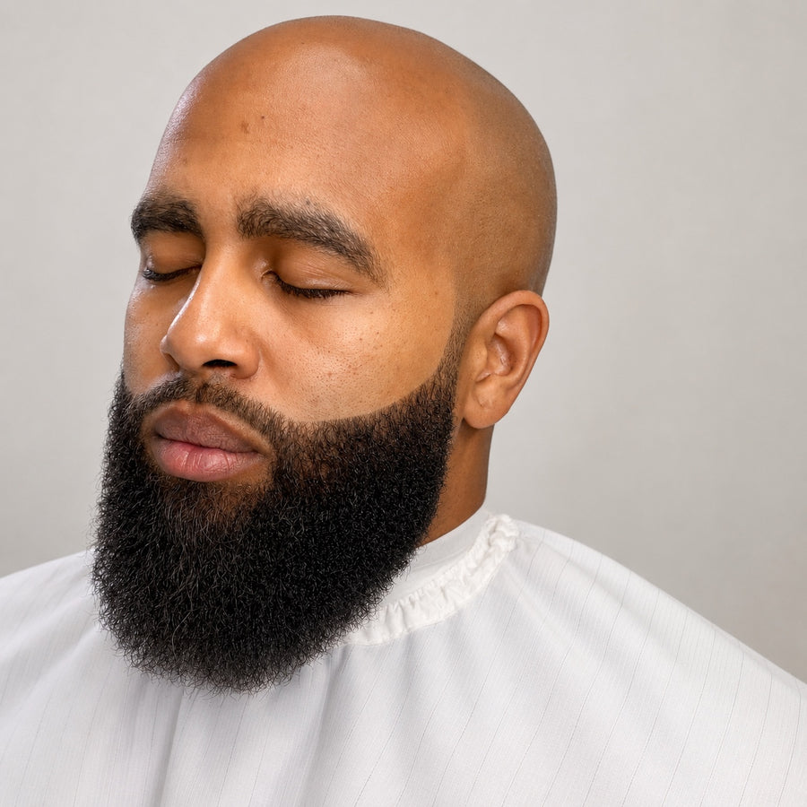 Clean shaved head with a sculpted full beard