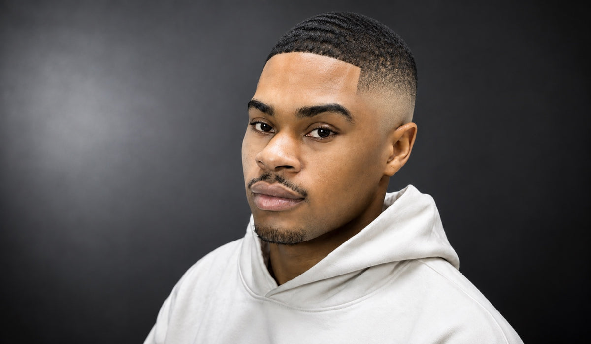 Waves and a tapered haircut on a client in a white hoodie